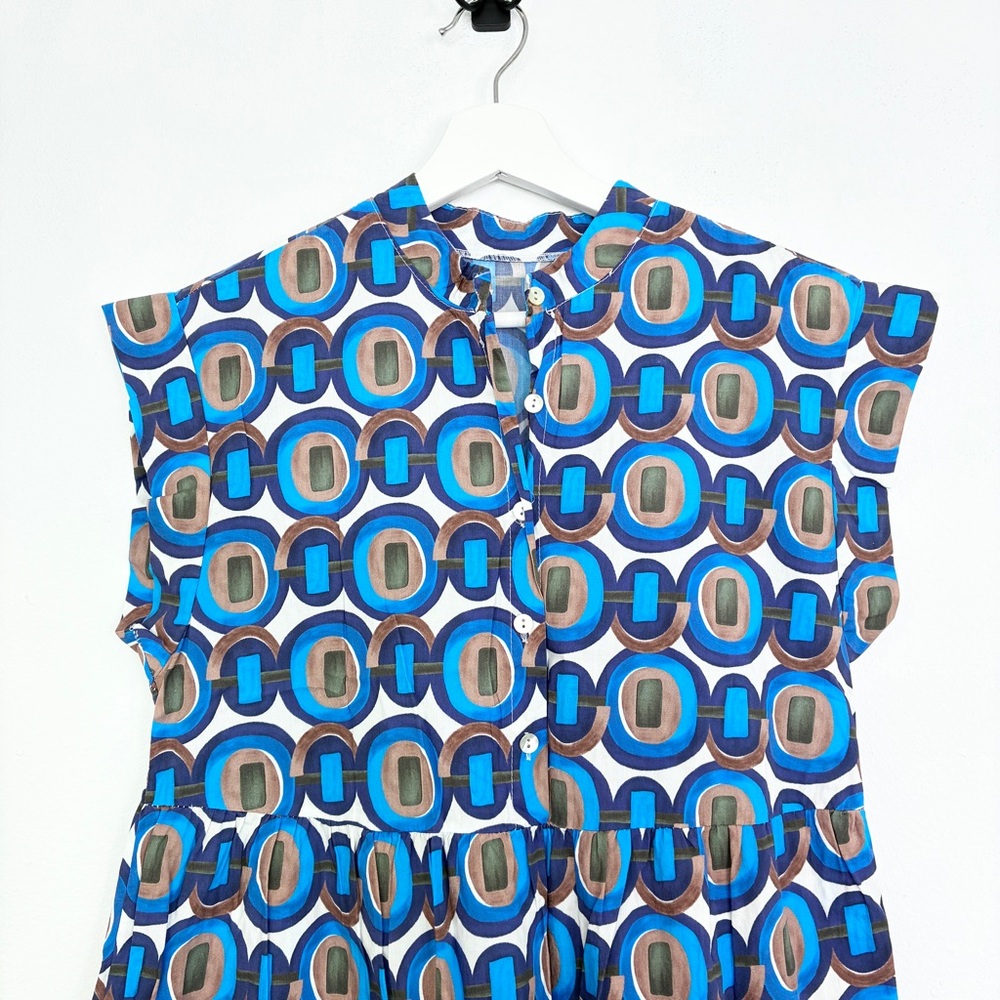 Made in Italy Blue Geometric Print Cotton tiered sleeveless midi dress - Picture 4 of 6